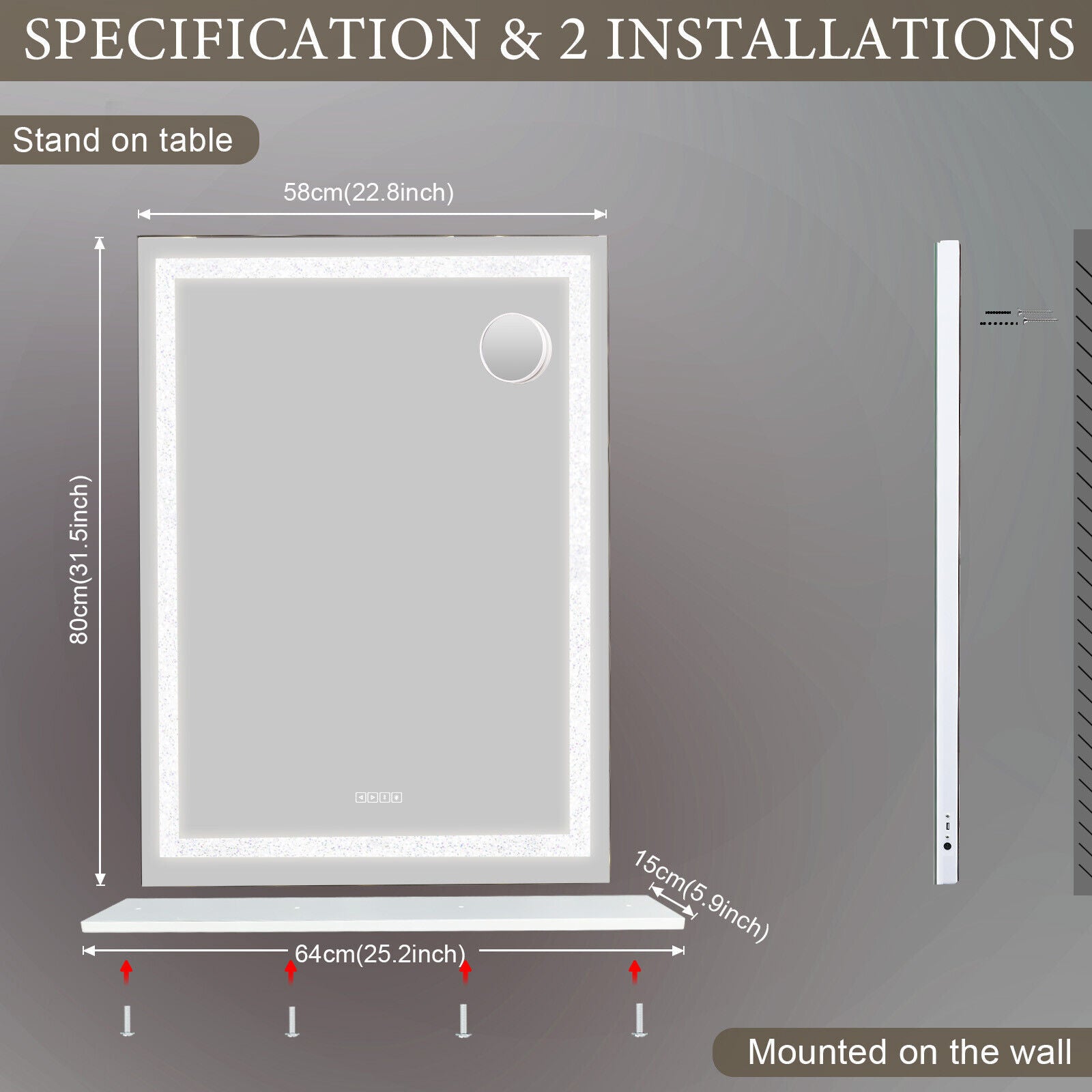 Crystal Vanity Mirror 80CM LED Bluetooth Magnifying - Image 7