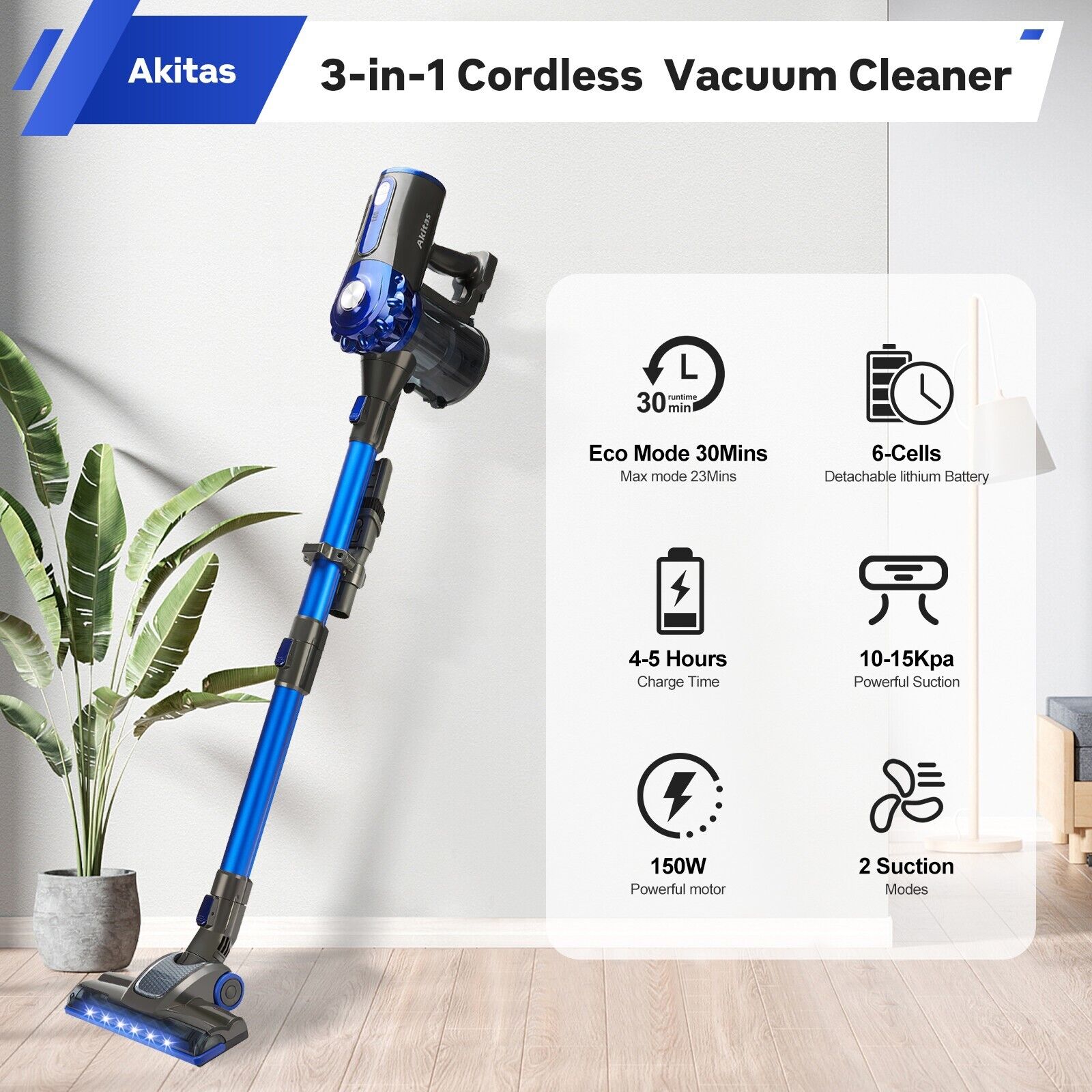 V8 150W Handheld Stick Vacuum Cleaner 40 Min Runtime LED - Image 2