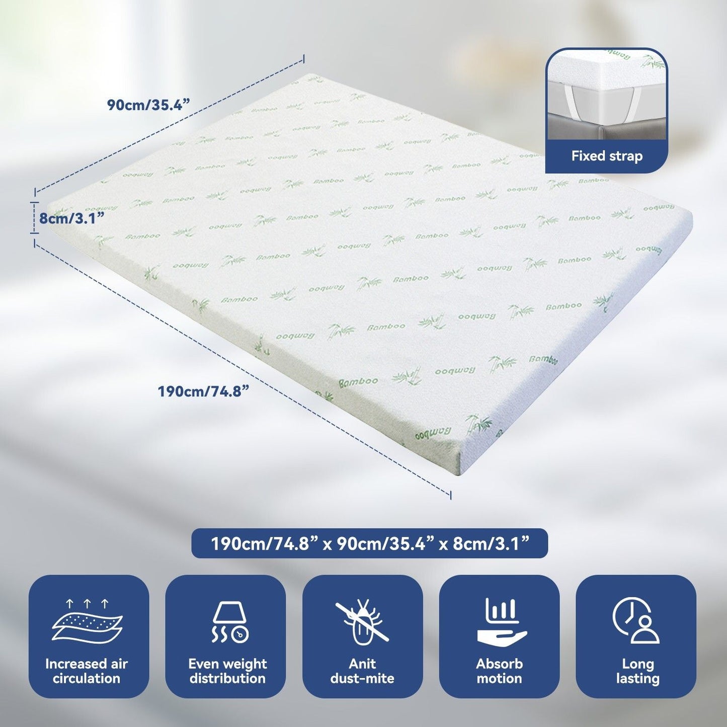 Single Memory Foam Mattress Topper 7-Zone Bamboo Cover Breathable - Image 2