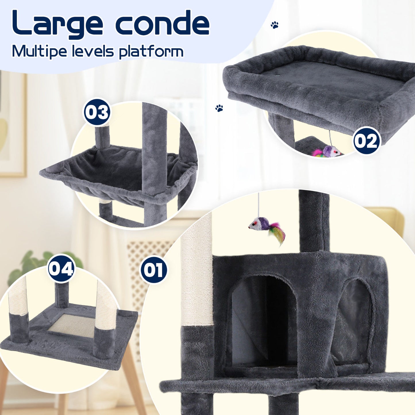 Cat Tower Tree Condo Scratching Post Dark Grey 142cm  - Image 7
