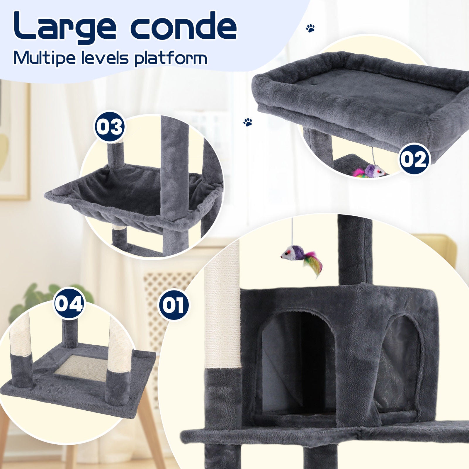 Cat Tower Tree Condo Scratching Post Dark Grey 142cm  - Image 7