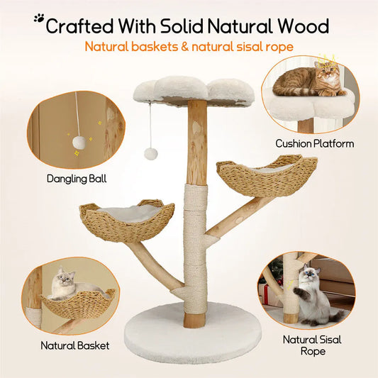 Cat Tree Scratcher Plush Sisal Willow Wood w Basket Cushion - Image 4