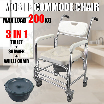 Aluminum Bedside Commode Chair 200kg Mobile Shower Toilet Wheelchair - Image 2