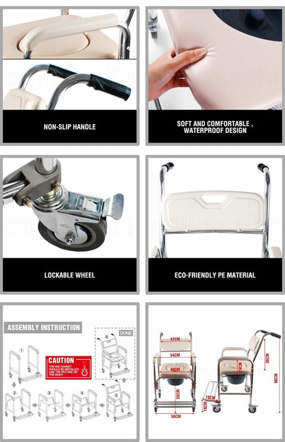 Aluminum Bedside Commode Chair 200kg Mobile Shower Toilet Wheelchair - Image 6