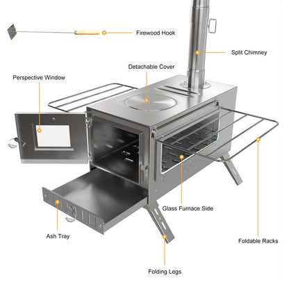 Stainless Steel Wood Burning Stove 1 Burner Camping BBQ with Chimney - Image 4