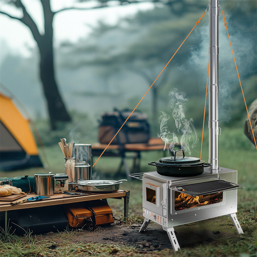 Stainless Steel Wood Burning Stove 1 Burner Camping BBQ with Chimney - Image 6
