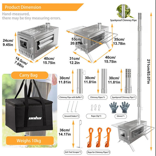Stainless Steel Wood Burner Stove for Camping w/ Chimney & Bag - Image 4