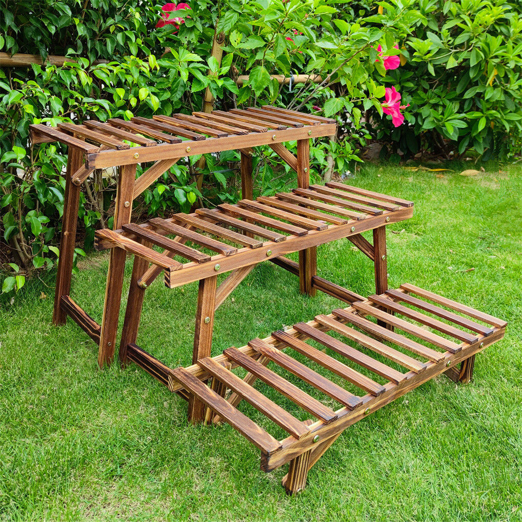 Pine Wood 3pcs Plant Stand Ladder Garden Flower Display - Image 2