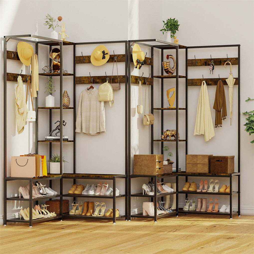 Corner Coat Stand with Shoe Bench Metal & MDF Organizer - Image 3
