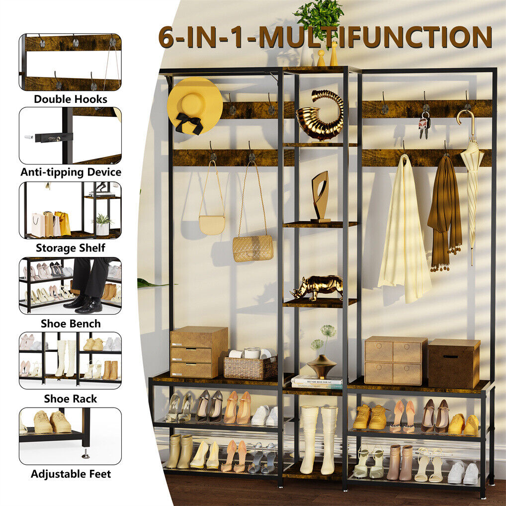 Corner Coat Stand with Shoe Bench Metal & MDF Organizer - Image 5
