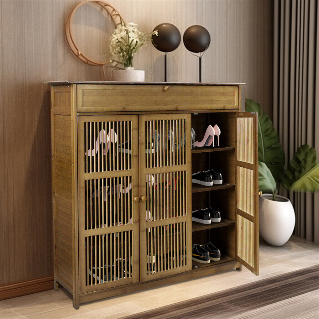 Wooden Shoe Rack XL 4 Tier 3 Doors Drawers Shelves Cabinet Organizer - Image 3