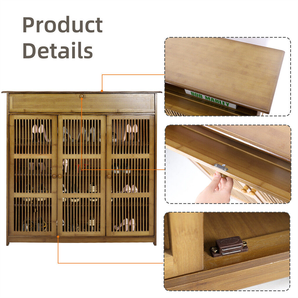 Wooden Shoe Rack XL 4 Tier 3 Doors Drawers Shelves Cabinet Organizer - Image 4