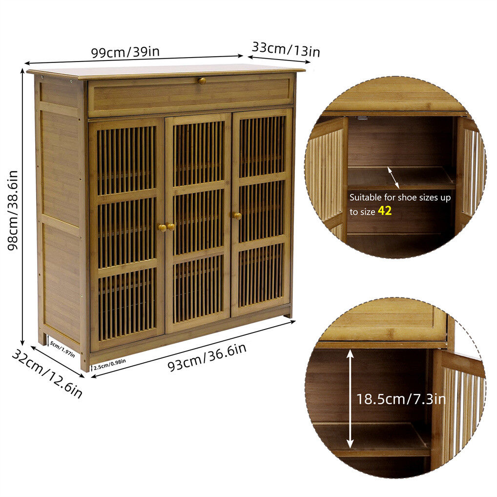 Wooden Shoe Rack XL 4 Tier 3 Doors Drawers Shelves Cabinet Organizer - Image 8