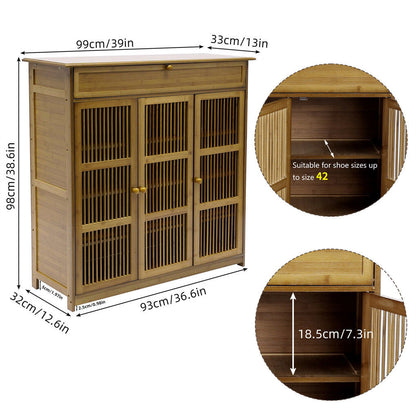 Wooden Shoe Rack XL 4 Tier 3 Doors Drawers Shelves Cabinet Organizer - Image 8