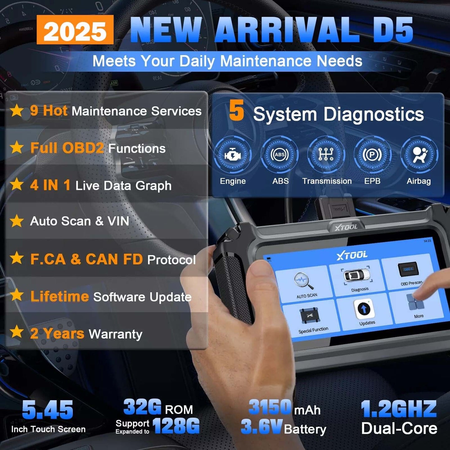 2025 D5 OBD2 Scanner ABS SRS Engine Diagnostic Tool - Image 3