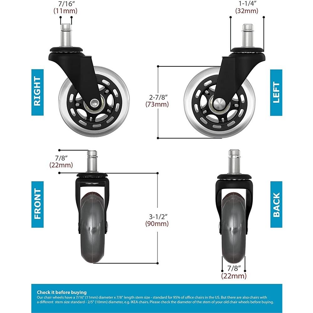 3 Swivel Rollerblade Chair Wheels, 7/16 Stem, All Floors - 5 Pack - Image 5