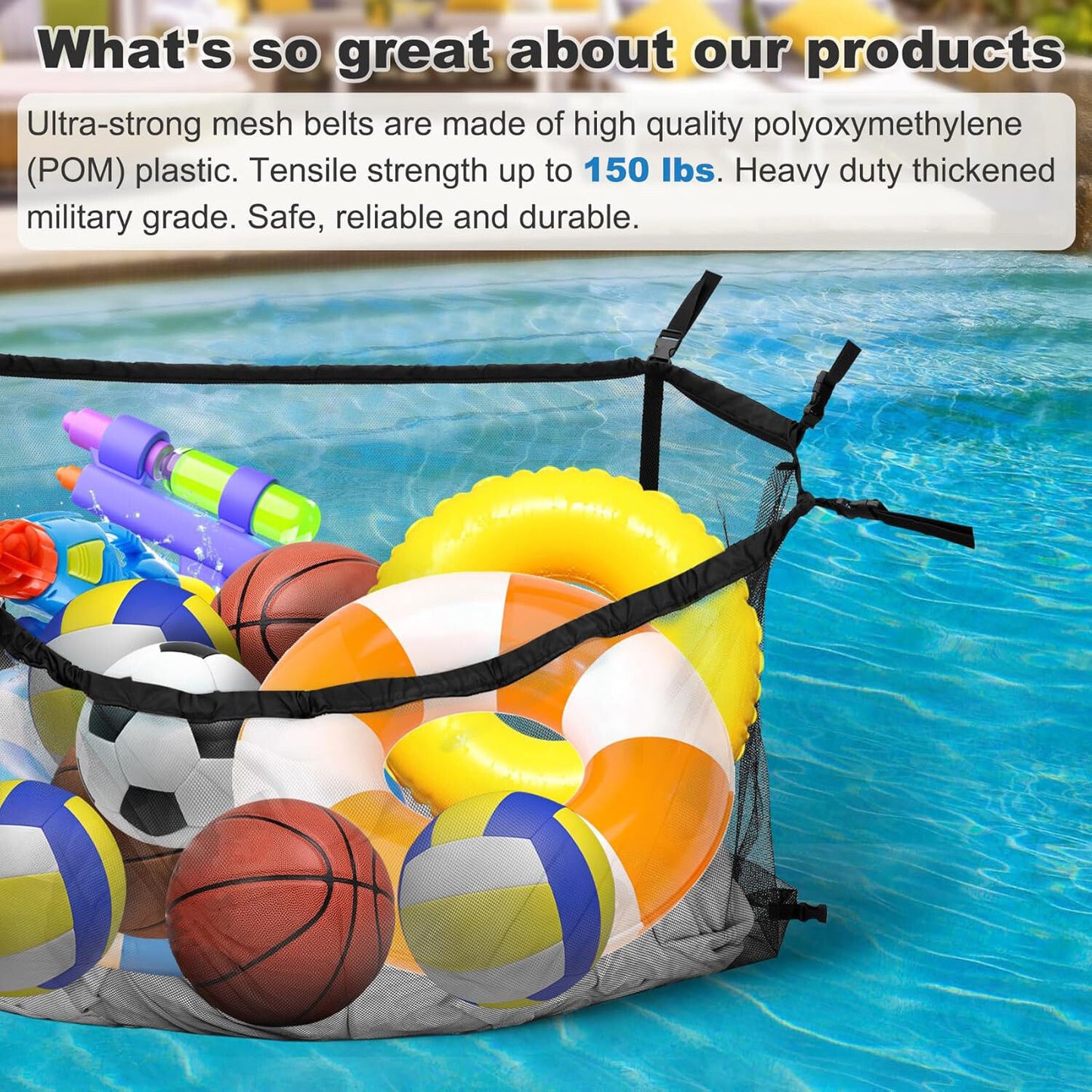 145x145CM Heavy Duty Pool Toy Storage Net Bag Adjustable Organizer - Image 6