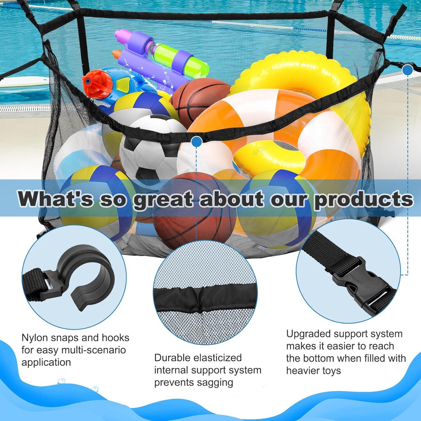 145x145CM Heavy Duty Pool Toy Storage Net Bag Adjustable Organizer - Image 7