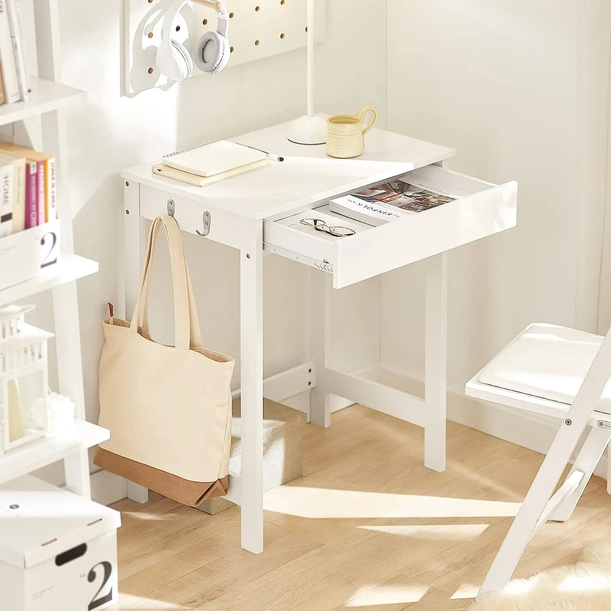 Small White Desk with Drawer Hooks - Image 4