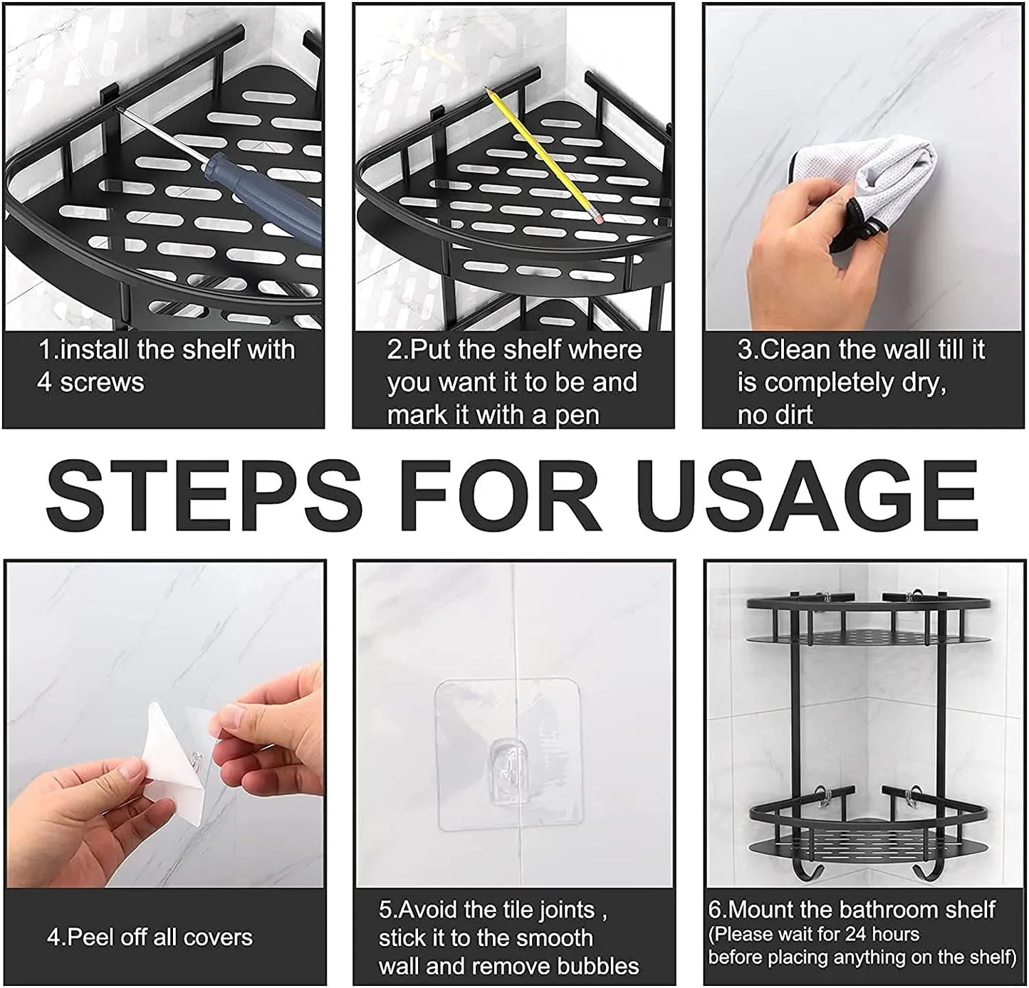 2 Pack Aluminum Adhesive Shower Caddy Corner Shelf Storage Rack for Bathroom - Image 5