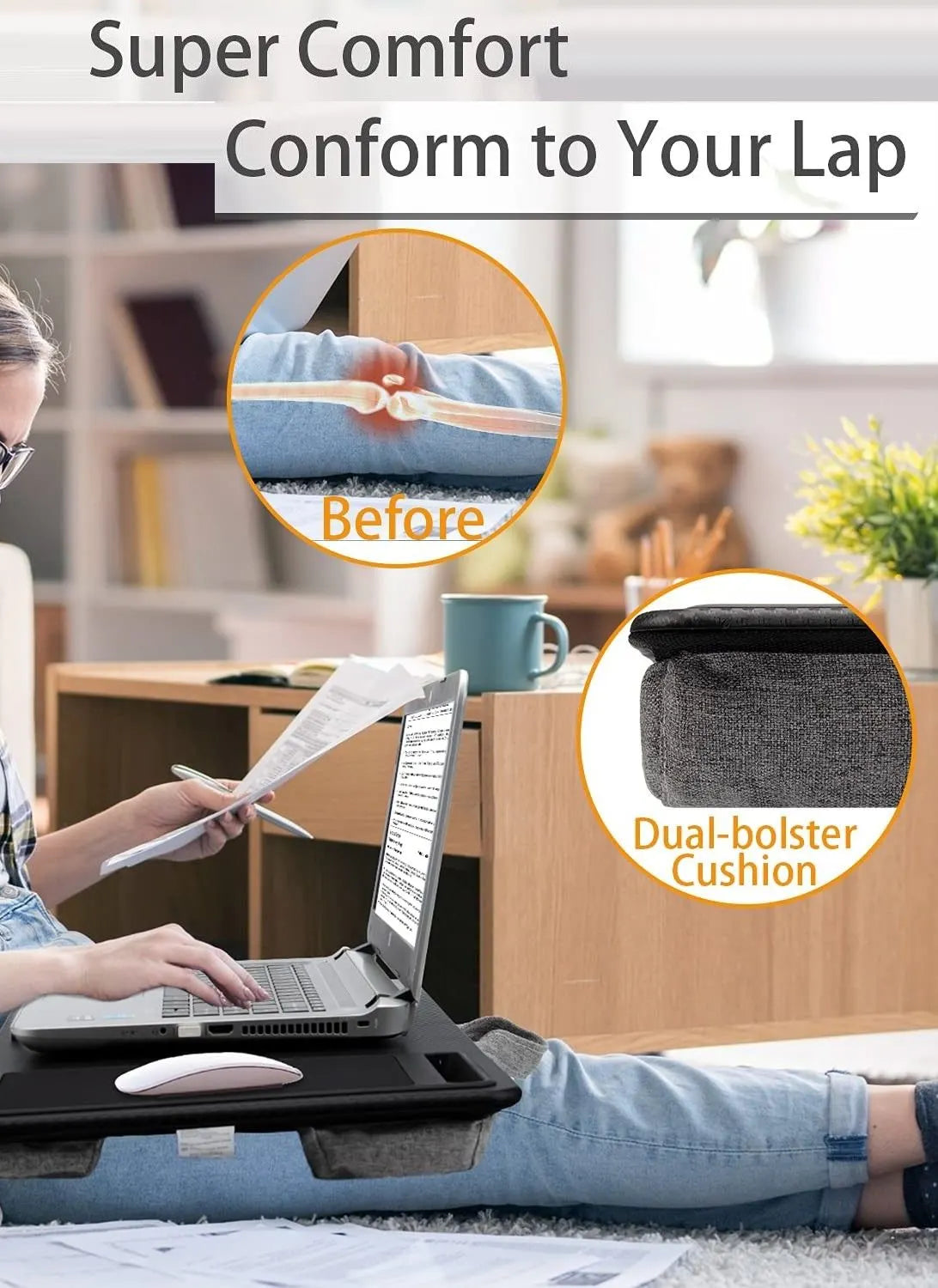 Portable Laptop Desk with Device Ledge, Mouse Pad and Phone Holder for Home Office (Black, 40cm) - Image 2