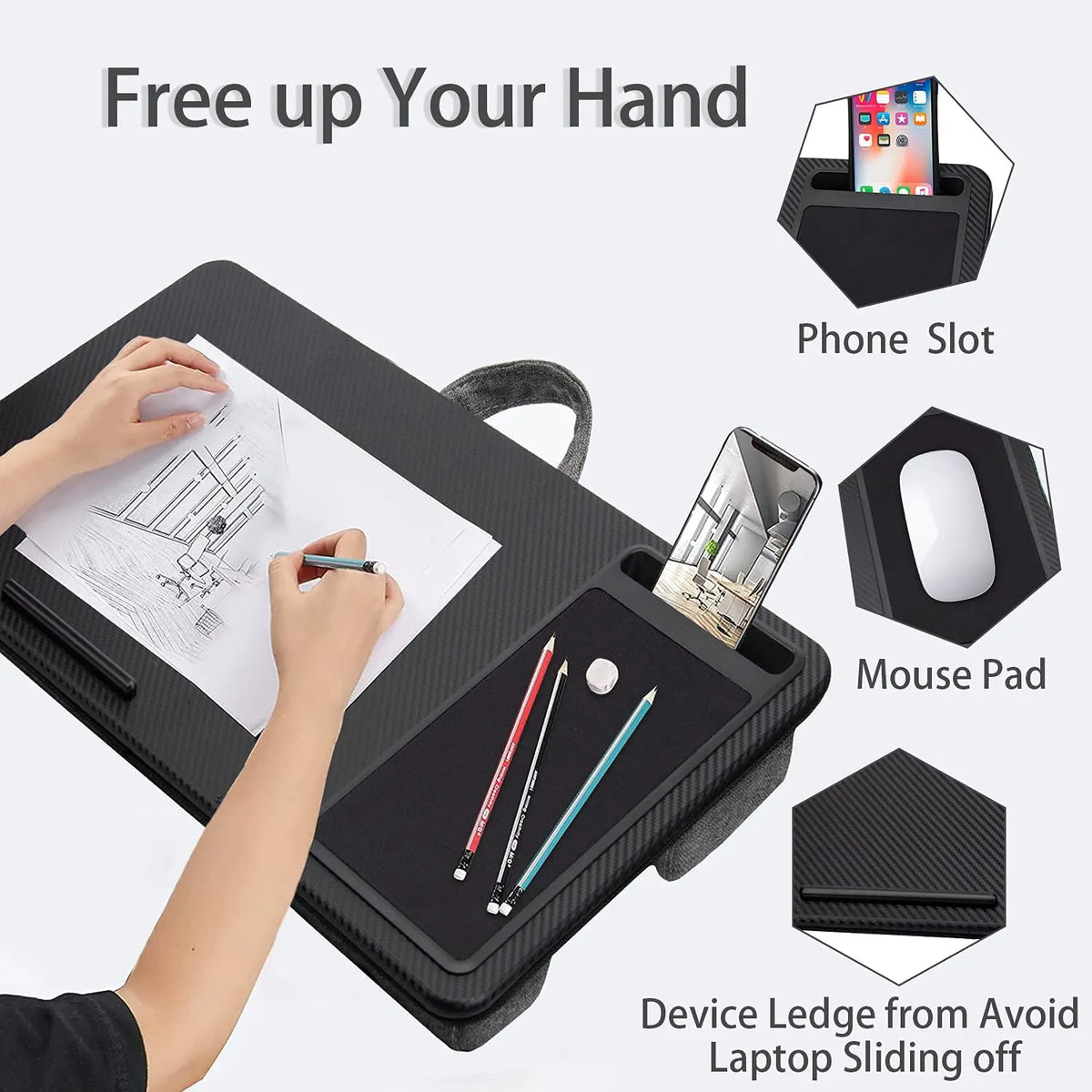 Portable Laptop Desk with Device Ledge, Mouse Pad and Phone Holder for Home Office (Black, 40cm) - Image 5