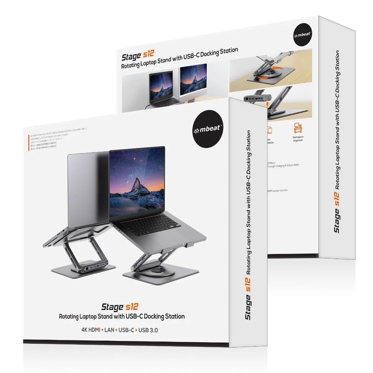 mbeat Stage S12 Rotating Laptop Stand with USB-C Docking Station - Space Grey - Image 7