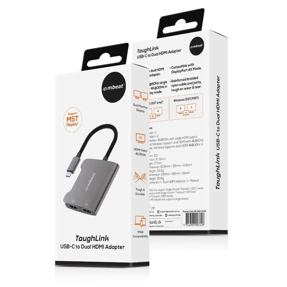 mbeat Tough Link USB-C to Dual 4K HDMI Adapter - Space Grey