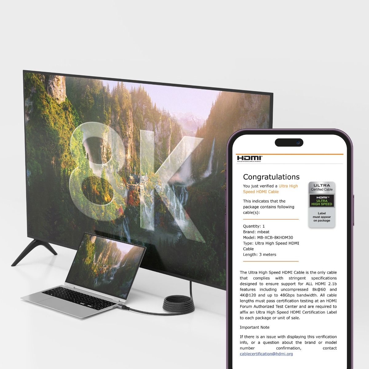 mbeat Tough Link 3m Certified 8K HDMI Cable - Space Grey - Image 2