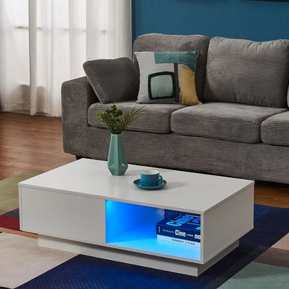 LED High Gloss Top White Coffee Table With Single Drawer - Image 3