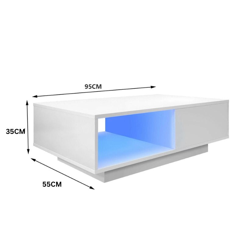 LED High Gloss Top White Coffee Table With Single Drawer - Image 6