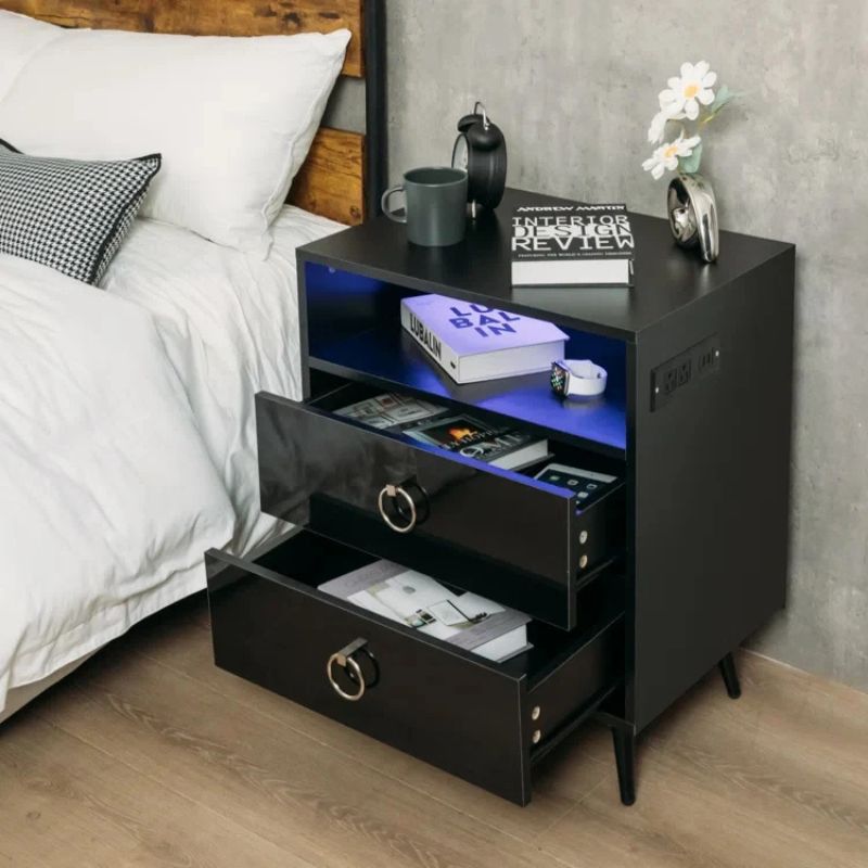 Amelia Modern LED Bedside table with USB and power socket black x 2 - Image 2