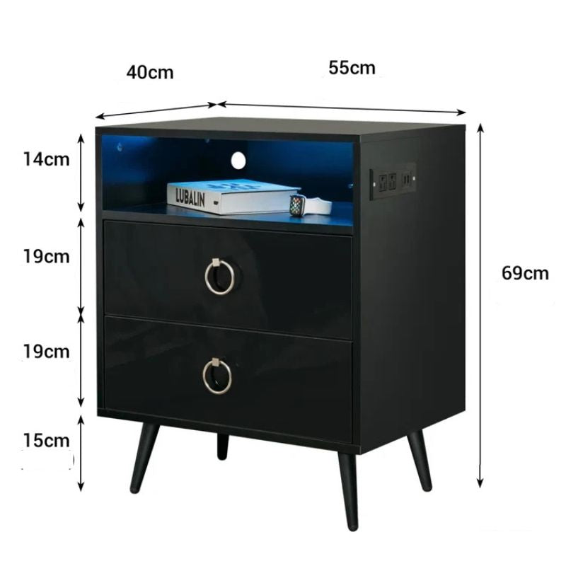 Amelia Modern LED Bedside table with USB and power socket black x 2 - Image 3