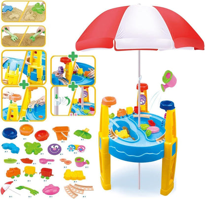 Outdoor Sand and Water Table Toy with Umbrella (28 Pcs Accessories) - Image 2