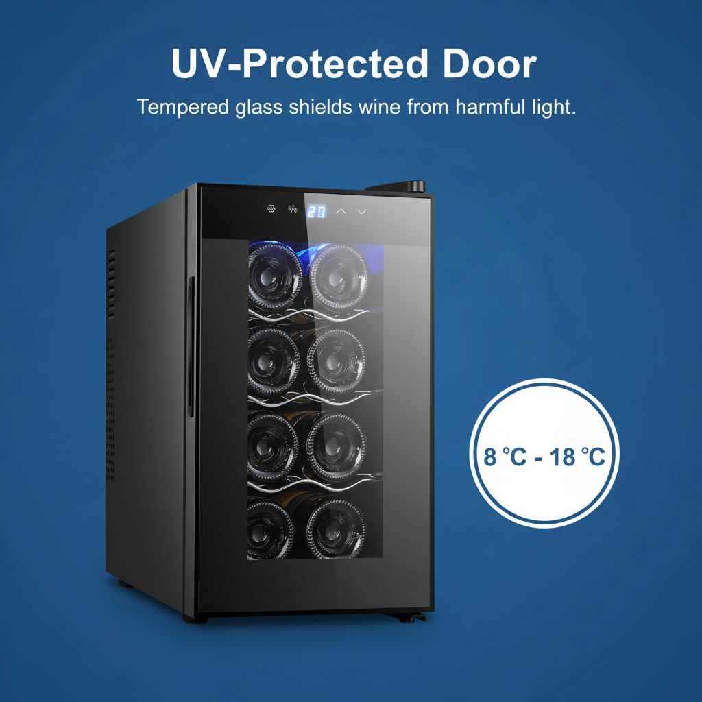 8 Bottle Thermoelectric Wine Fridge, 65W, UV Protected Glass Door, Soft LED Illumination - Image 5