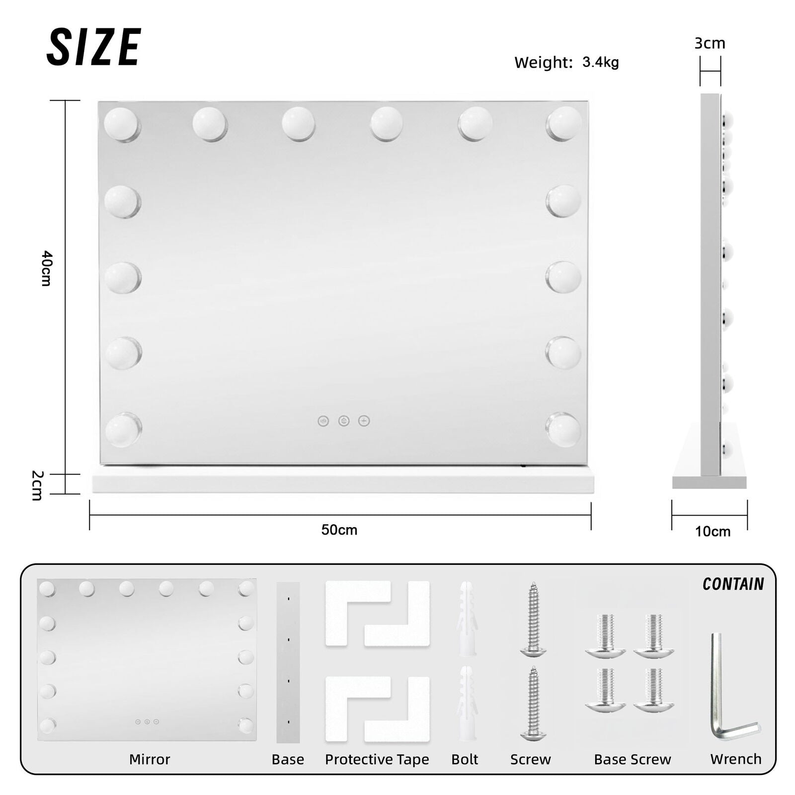 LED Beauty Mirror with 14 Bulbs, Colour Settings, USB A and USB C, White, 50 × 42cm - Image 3