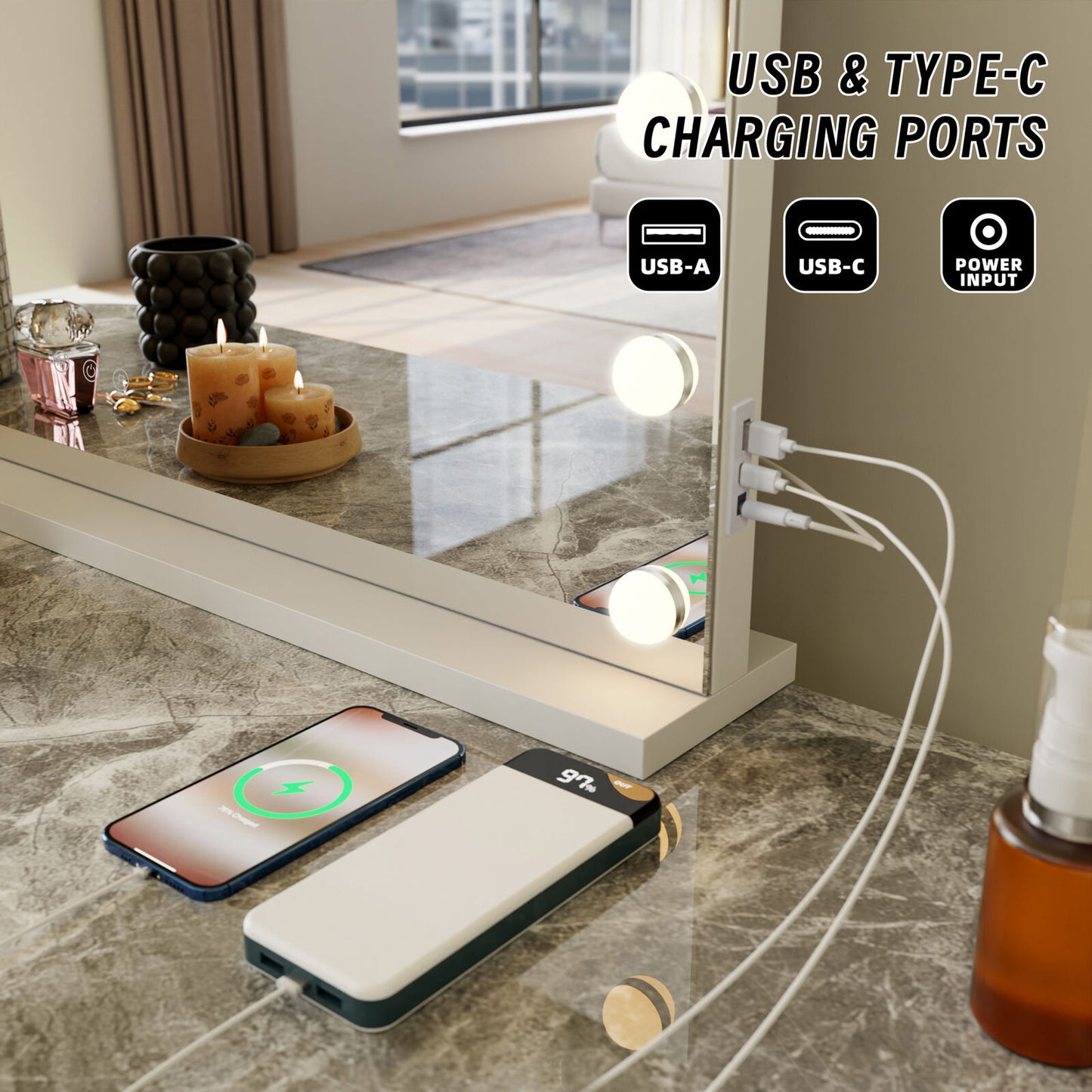 LED Beauty Mirror with 14 Bulbs, Colour Settings, USB A and USB C, White, 50 × 42cm - Image 6
