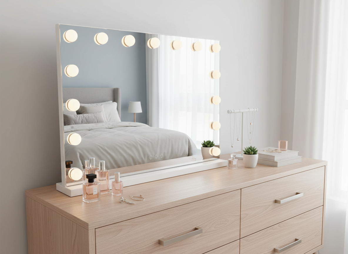 LED Beauty Mirror with 15 Bulbs, Colour Settings, USB A and USB C, White, 58 × 48cm - Image 2