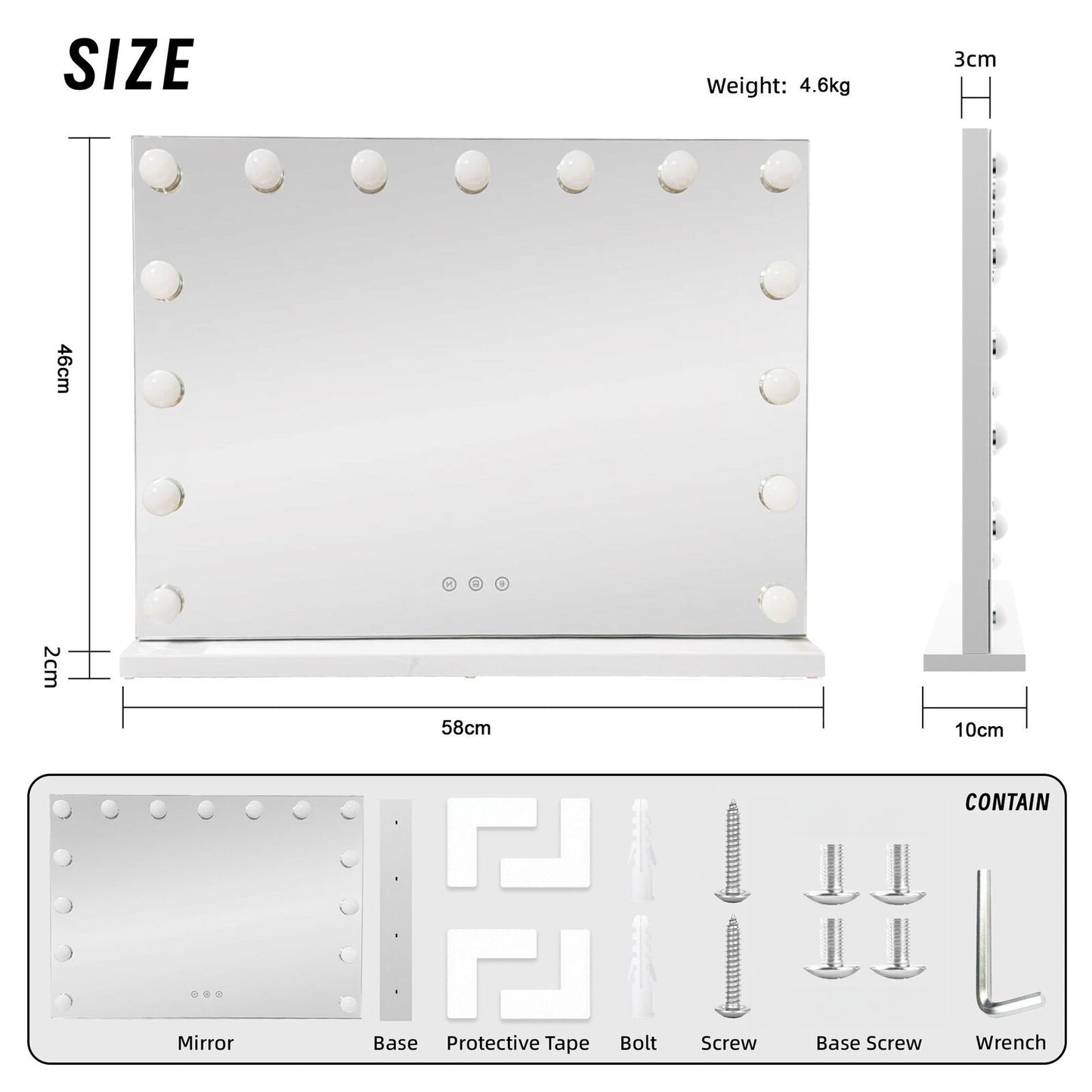 LED Beauty Mirror with 15 Bulbs, Colour Settings, USB A and USB C, White, 58 × 48cm - Image 3