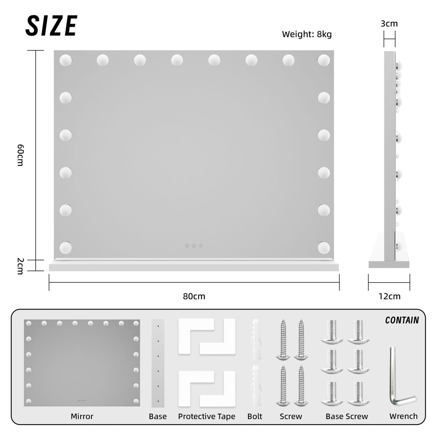 LED Beauty Mirror with 18 Bulbs, Colour Settings, USB A and USB C, White, 80 x 62cm - Image 3