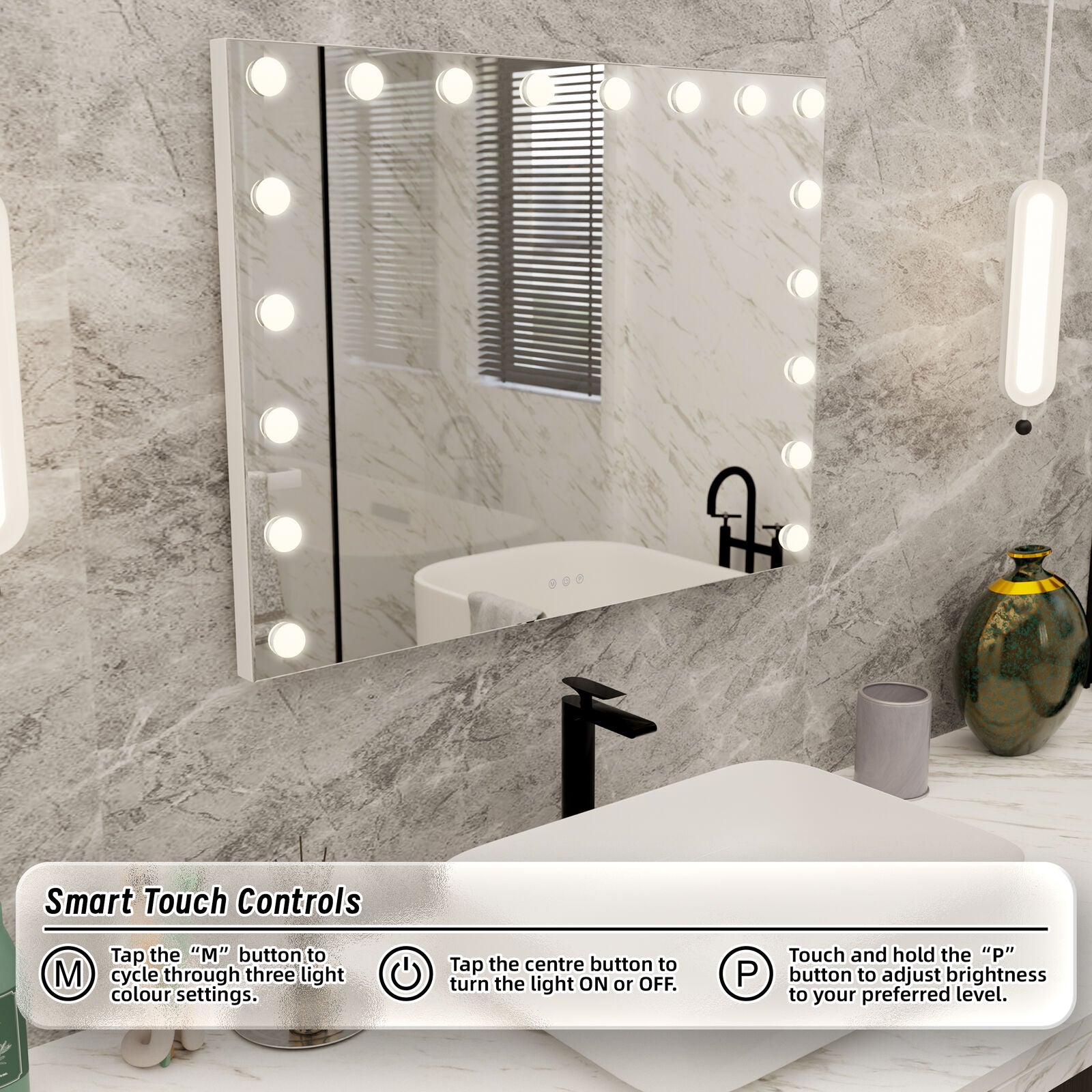 LED Beauty Mirror with 18 Bulbs, Colour Settings, USB A and USB C, White, 80 x 62cm - Image 4