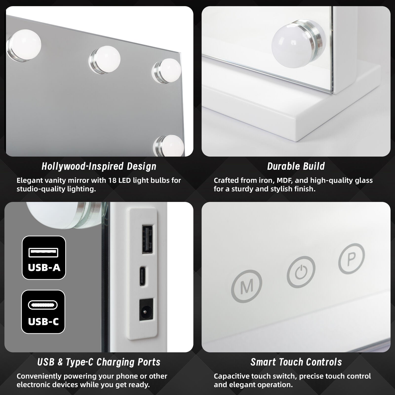 LED Beauty Mirror with 18 Bulbs, Colour Settings, USB A and USB C, White, 80 x 62cm - Image 7