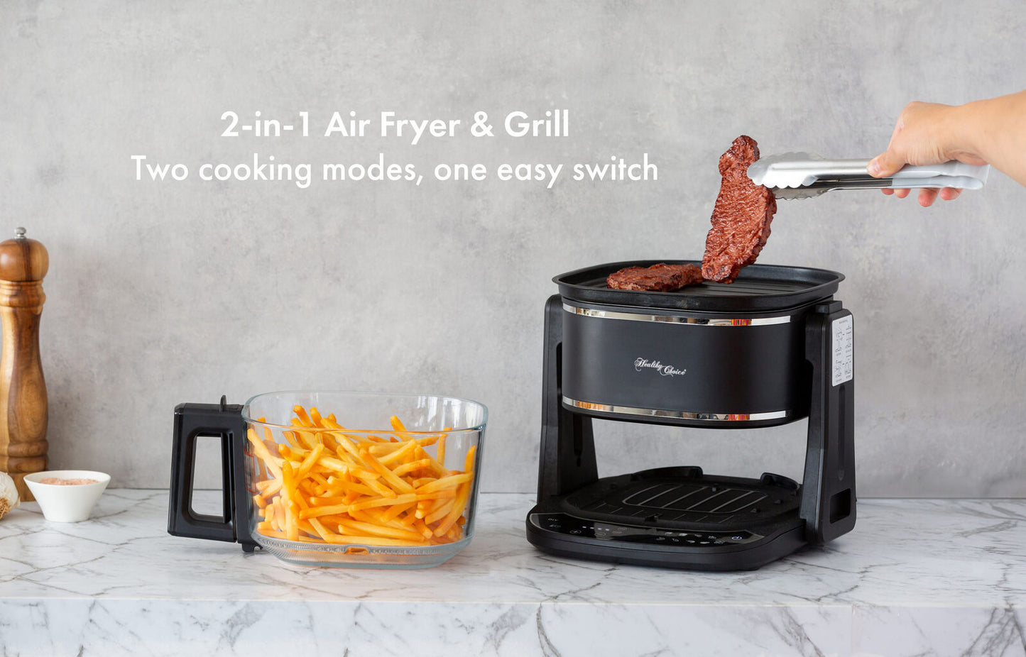 5L 2in1 Air Fryer and Grill, 1400W, Digital Touch Control, Clear Glass Cooking Basket - Image 2