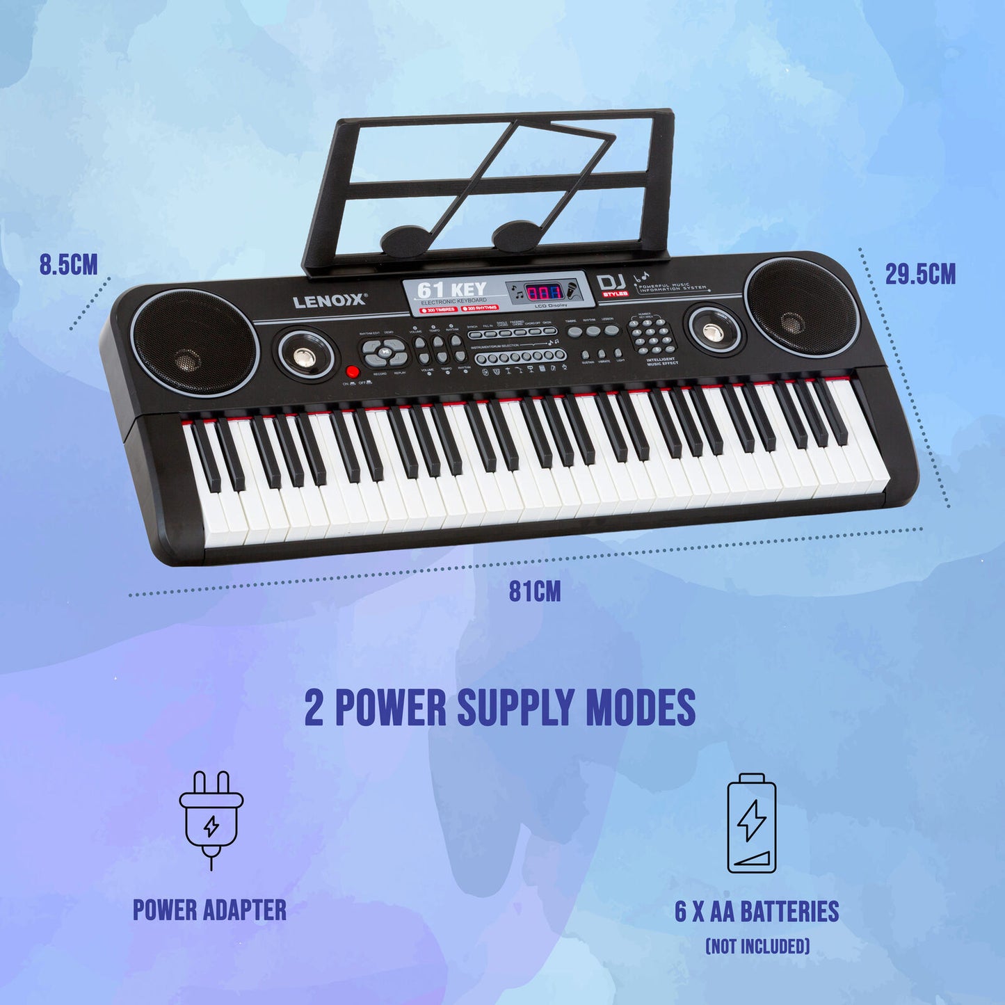 61-Key Electronic Learning Piano Keyboard, Light-Up Keys, LCD Display, with Music Stand Holder - Image 2