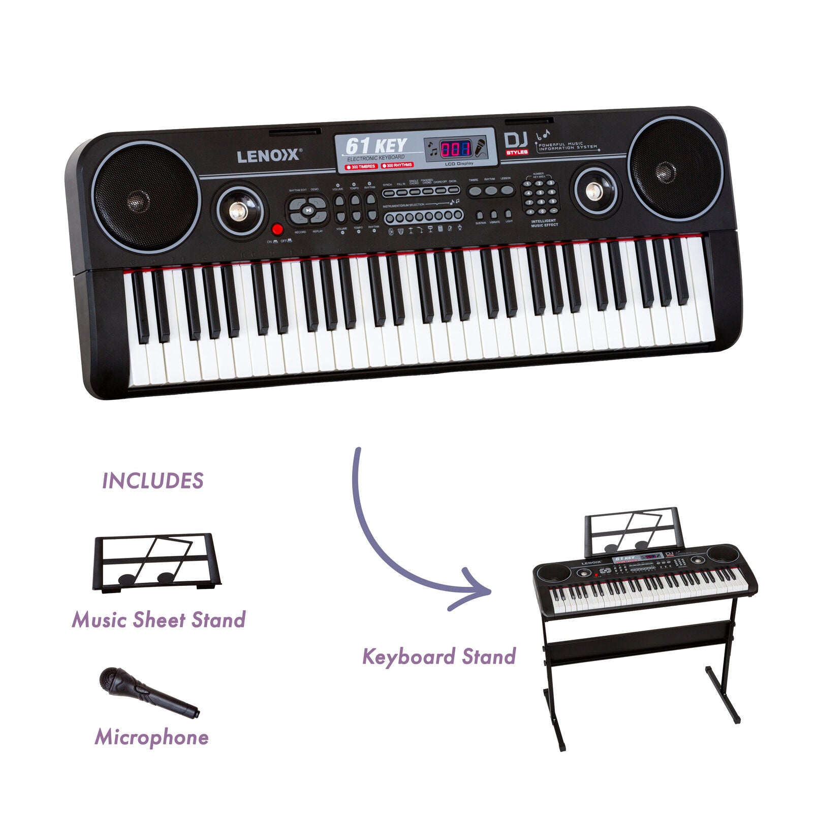 61-Key Electronic Learning Piano Keyboard, Light-Up Keys, LCD Display, with Music Stand Holder - Image 5