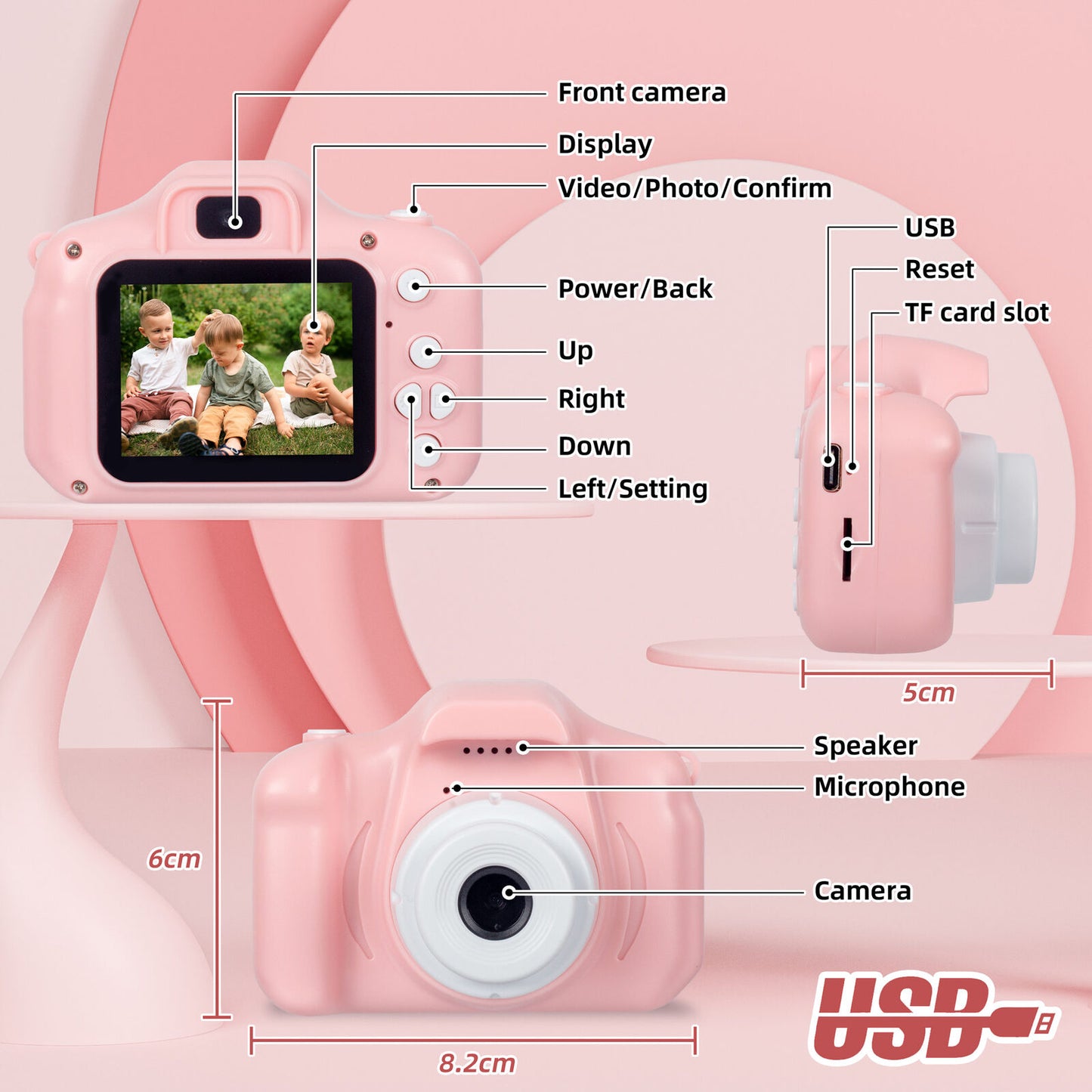 Kids Digital Dual Lens Camera, 4x Zoom and HD Video Recording (Pink) - Image 3
