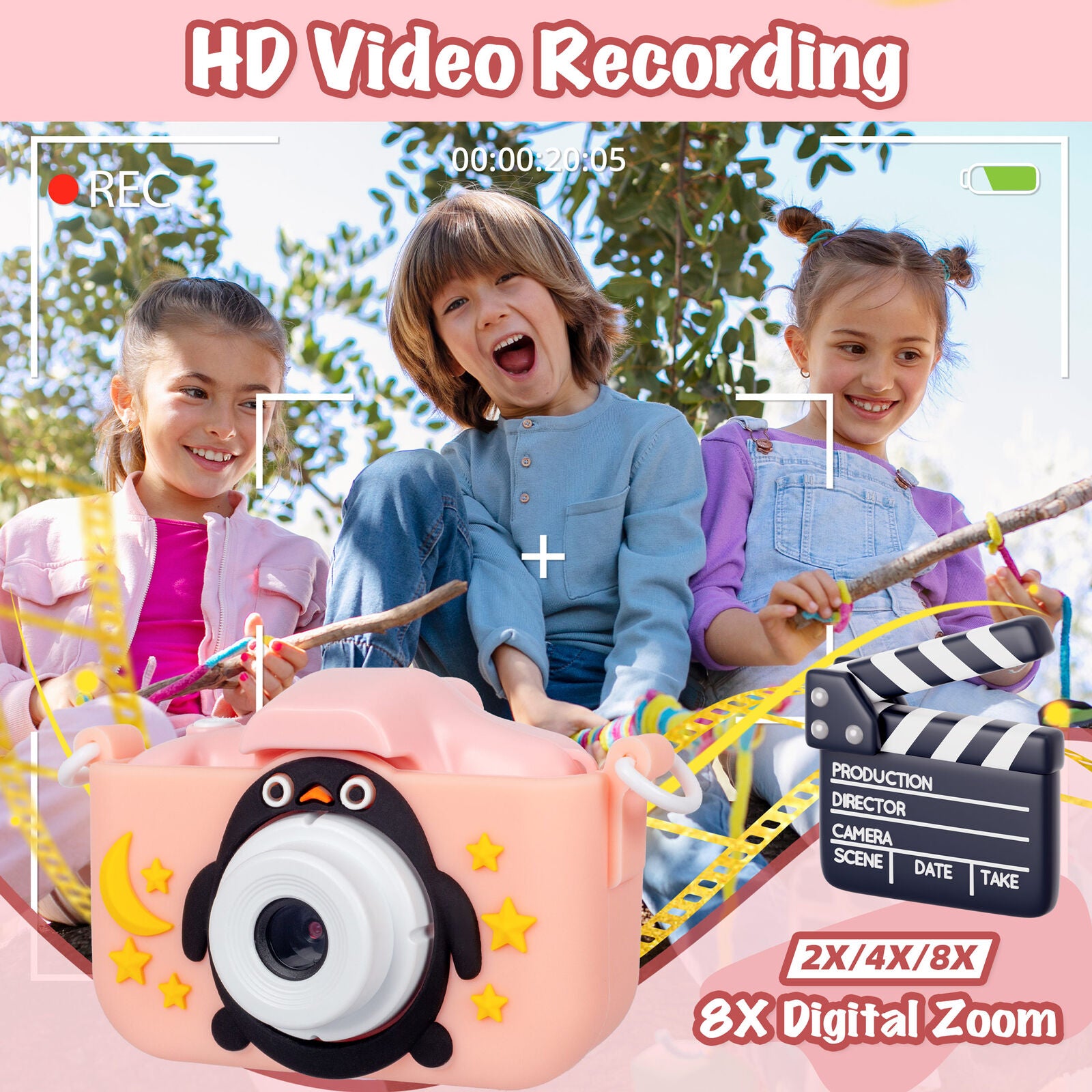 Kids Digital Dual Lens Camera, 4x Zoom and HD Video Recording (Pink) - Image 7