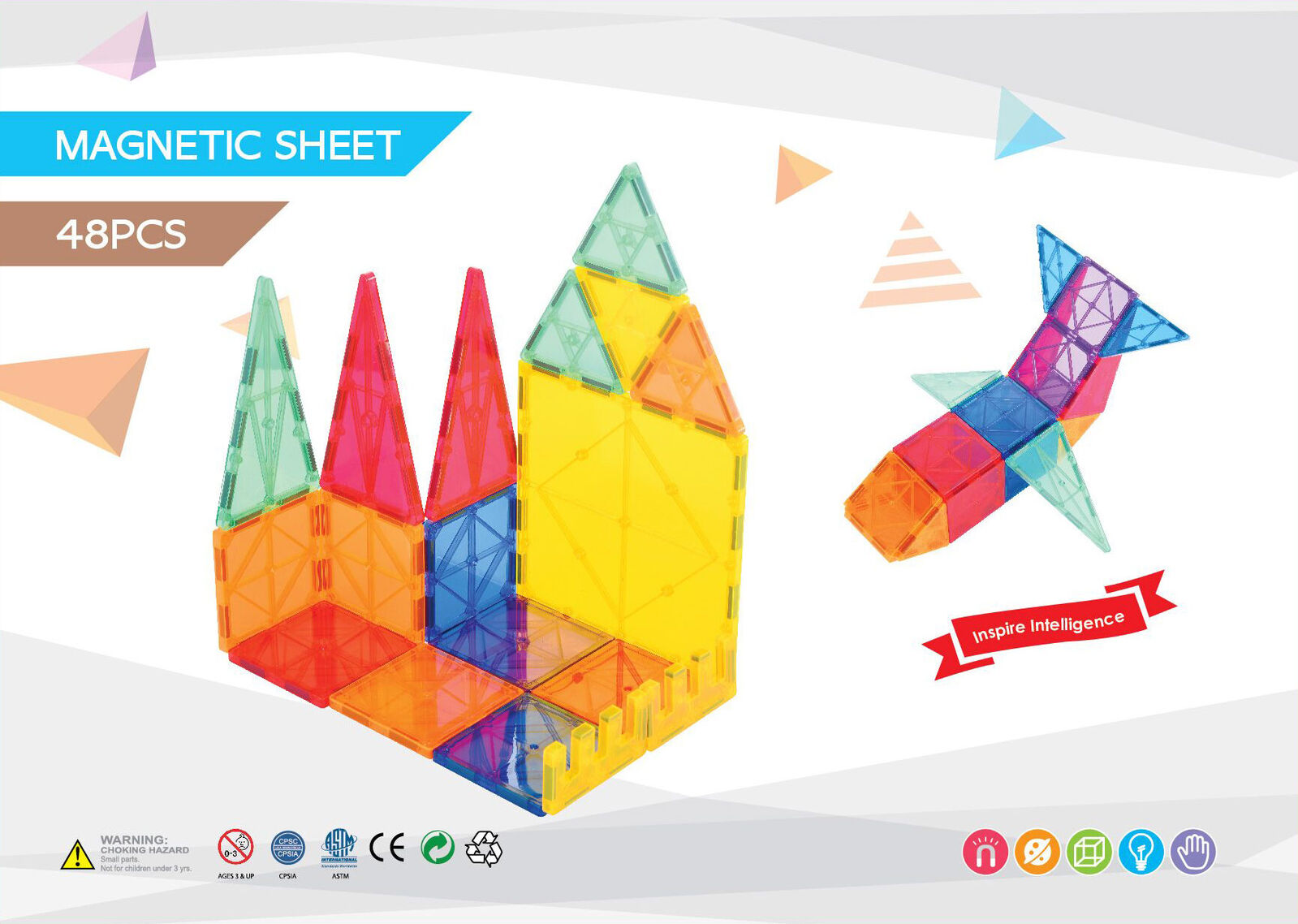 48 Pcs non-toxic STEM Educational, Durable Magnetic Tiles/Puzzle with Storage Bag - Image 6