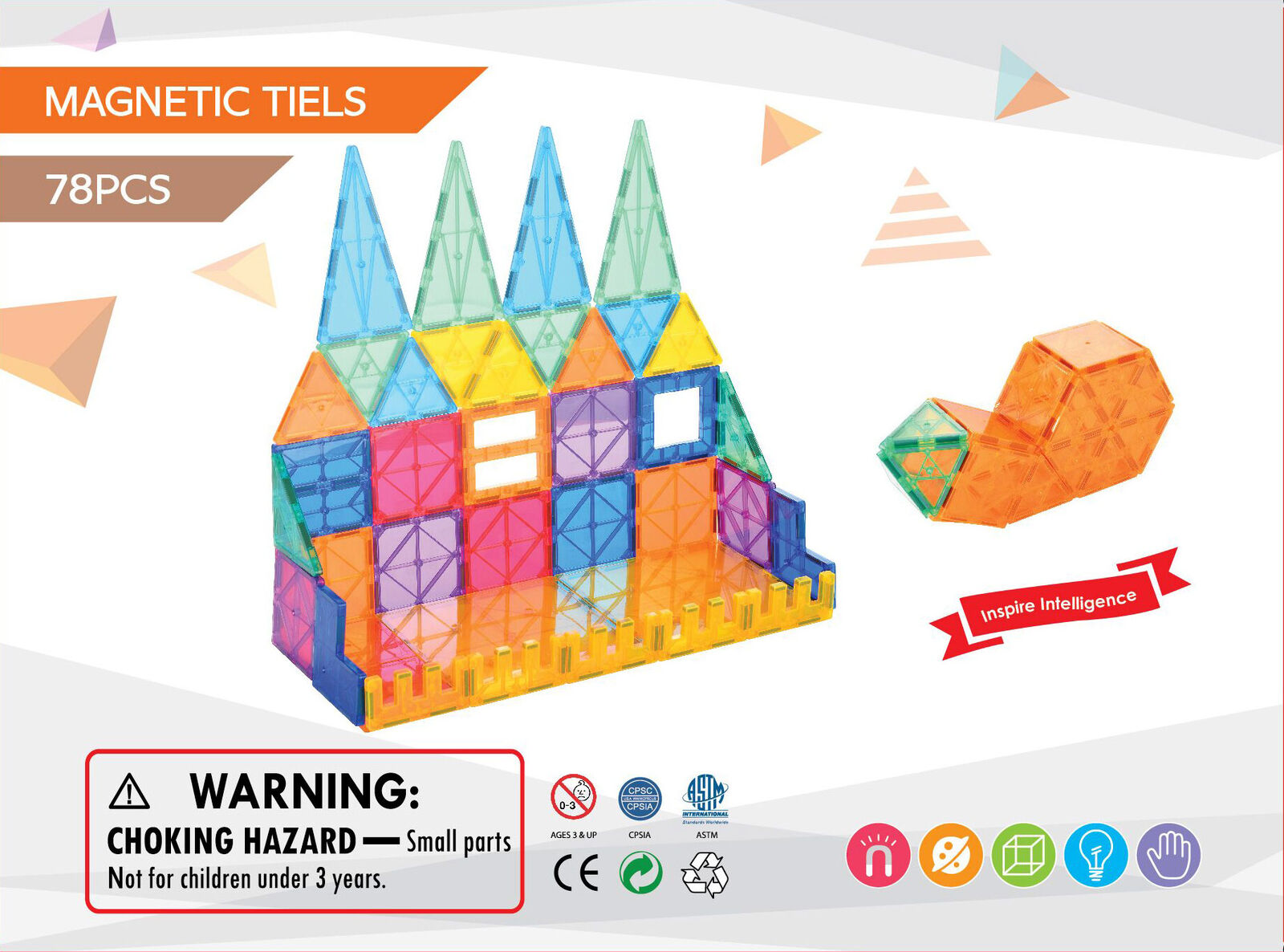 78 Pcs non-toxic STEM Educational, Durable Magnetic Tiles/Puzzle with Storage Bag - Image 6