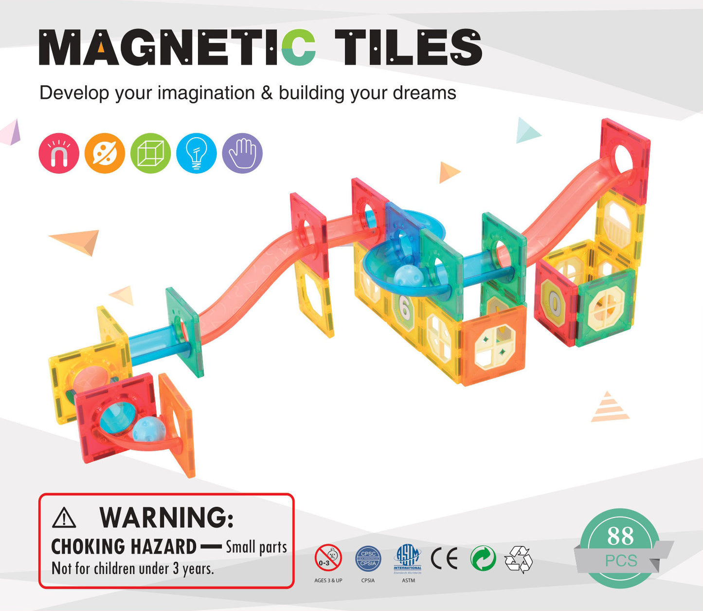 88 Pcs non-toxic STEM Educational, Durable Magnetic Tiles/Puzzle with Storage Bag - Image 5